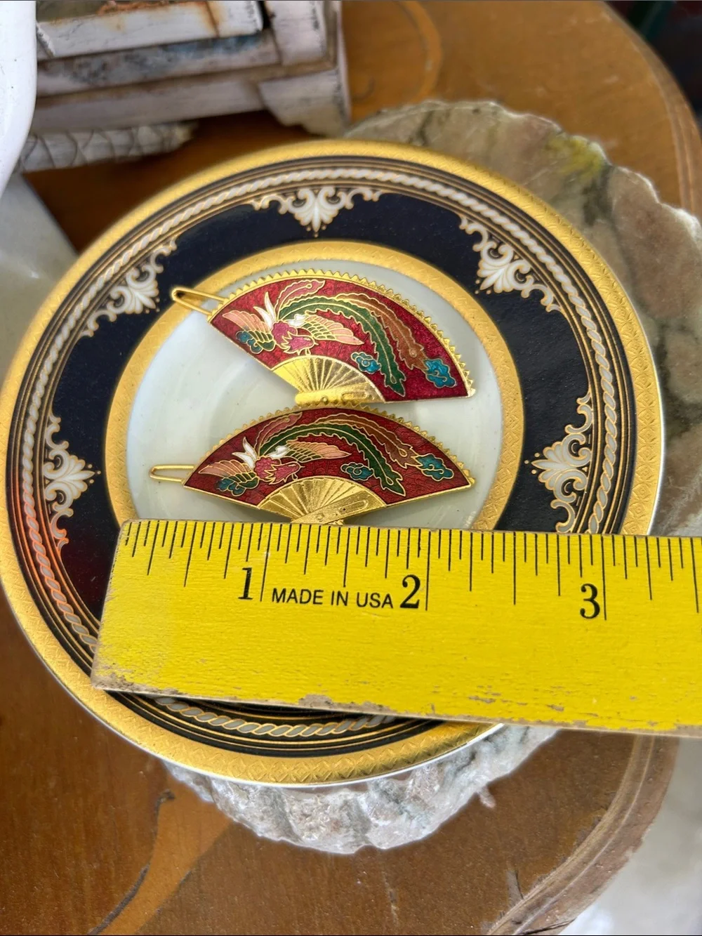 Vintage Cloisonné Fan Hair Barrettes